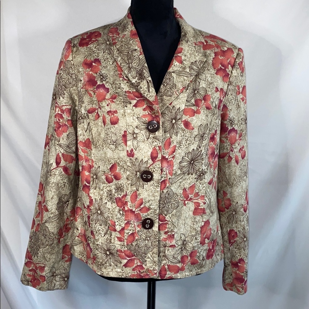 Vintage RQT Floral Blazer Jacket Size 14 Tan Pink Linen Blend Lined